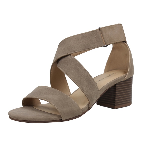 Size 5.5 Taupe Open Toe Strappy Mid Stacked Heel - Picture 2 of 6